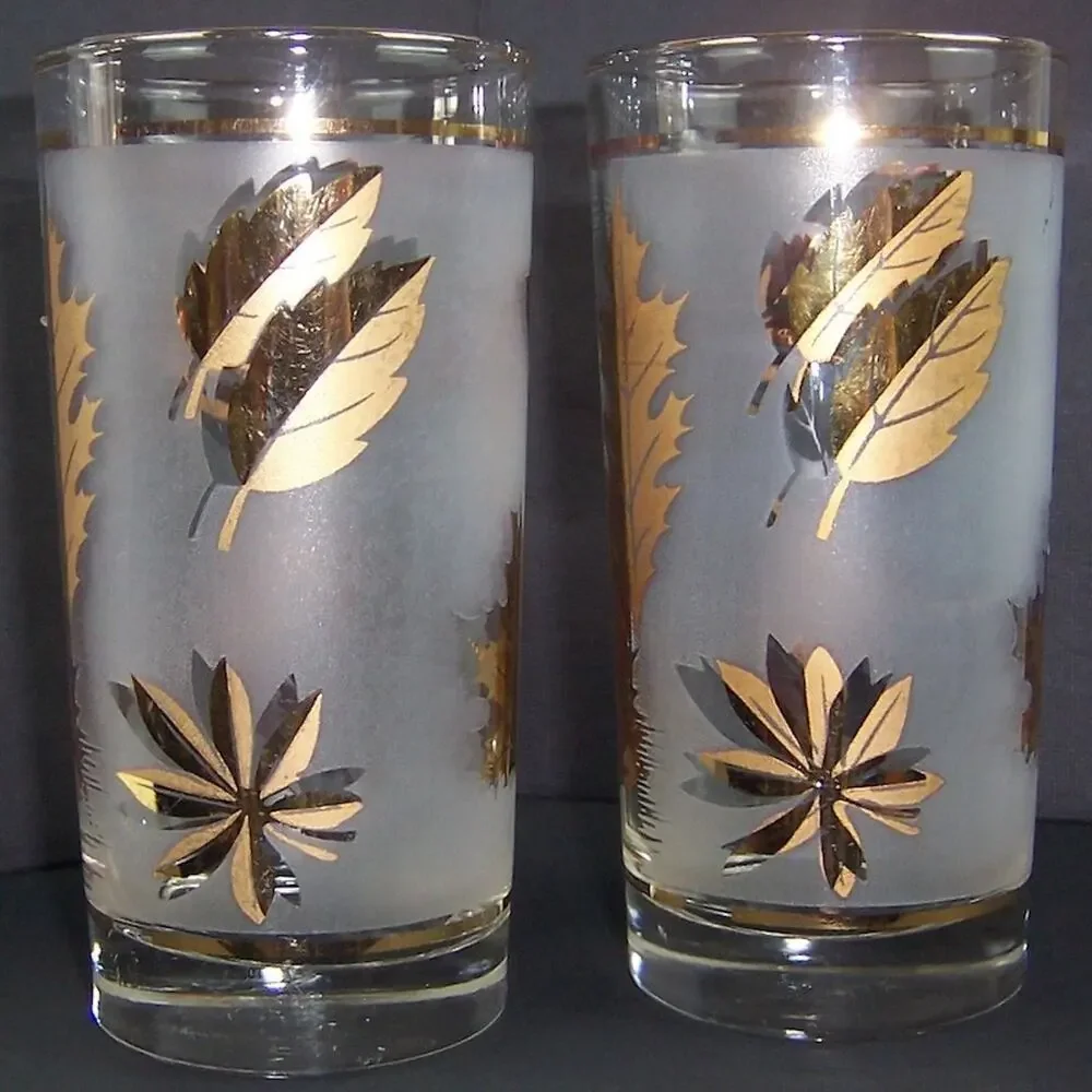 Vintage Libbey Golden Foliage Frosted Highball Glasses Gold Leaf MCM Set of 2